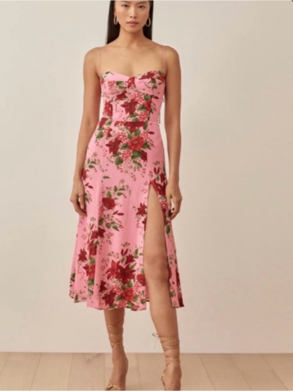 Reformation Pink Floral Midi Dress with Side Slit